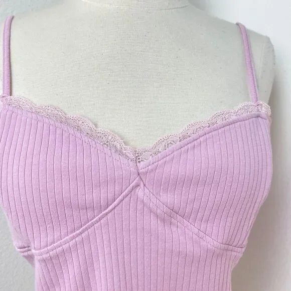 Pac Cares Pink Crop Baby Doll Halter Top Medium Ribbed Knit Lace Boho Fairy Goth - Picture 2 of 9